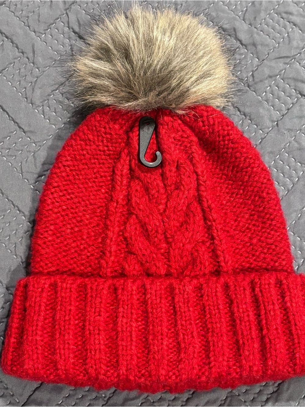 Express Red Cable-Knit Pom Beanie with Faux-Fur Pom